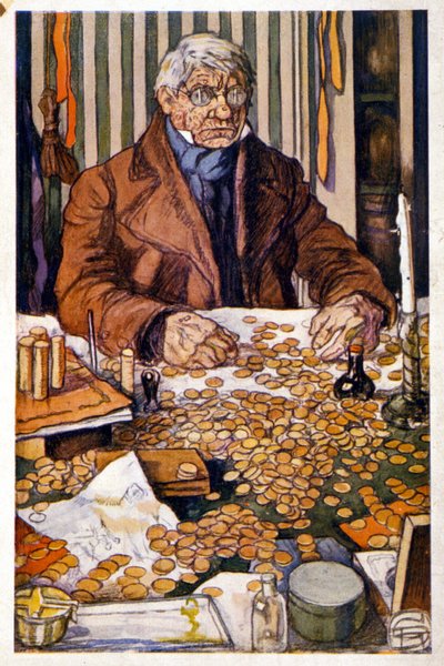 Le père Grandet zählt sein Geld - Illustration in „Eugenie Grandet“ von Honore de Balzac, coll. Ideal Library von Georges Dupuis