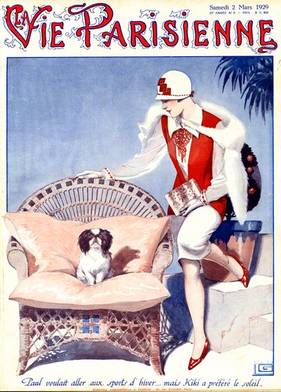 Paul wollte Skifahren... aber Kiki bevorzugt den Sonnenschein - Illustration aus La Vie Parisienne von Georges Leonnec