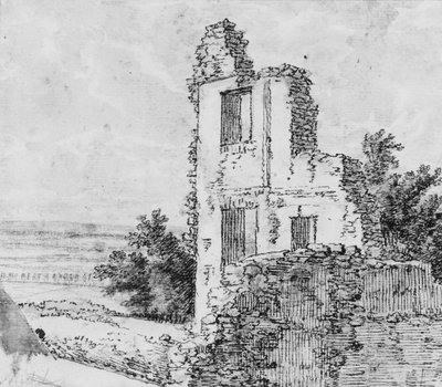 Eine Allee von Bäumen in einem Park (recto), Die Ruinen eines Gebäudes auf einem Hügel (verso), n.d. von Georges Michel