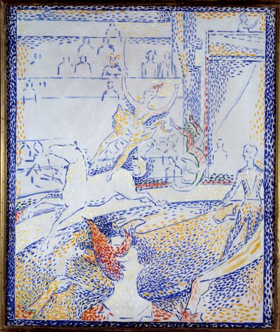 Zirkus. Eine Tänzerin macht eine akrobatische Nummer auf dem Pferd und ein Clown von Georges Pierre Seurat