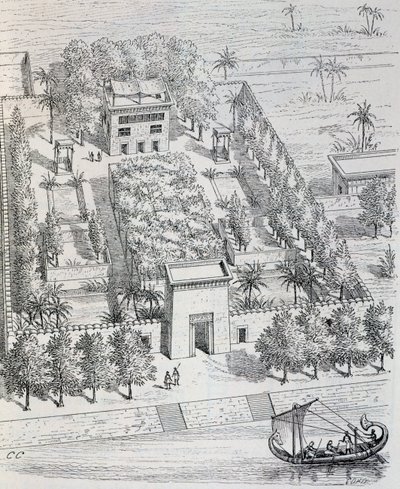 Ansicht einer ägyptischen Villa am Nil, Rekonstruktion von Chipiez, aus Geschichte der Kunst im Altertum (Ägypten, Assyrien, Persien, Kleinasien, Griechenland, Etrurien, Rom) von Georges and Chipiez Charles Perrot