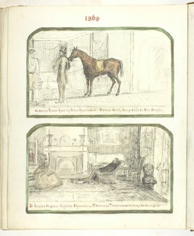 Ohne Titel [Mann mit Pferd und Paar, das sich am Feuer entspannt] von Georgina Cowper