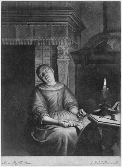 Schlafendes Mädchen mit Näharbeit im Schoß, spätes 17. bis frühes 18. Jahrhundert von Gerald Valck