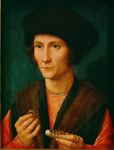 Ein Goldschmied, vielleicht Jacques Cnoop, Schwiegervater von Gerard David (Öl auf Eichenholz) von Gerard David