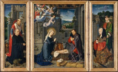 Die Geburt Christi mit Stiftern und den Heiligen Hieronymus und Leonard, um 1510-15 von Gerard David