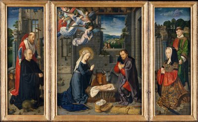 Die Geburt Christi mit Stiftern und den Heiligen Hieronymus und Leonhard, ca. 1510-15 von Gerard David