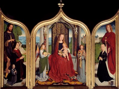 Triptychon der Familie Sedano: in der Mitte die Jungfrau und das Kind zwischen zwei musizierenden Engeln, links Johannes von Sedano und sein Sohn, präsentiert von Johannes dem Täufer, rechts seine Frau und Johannes der Evangelist. Gemälde von Gerard David von Gerard David