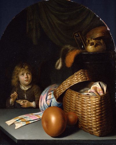 Stillleben mit einem Jungen, der Seifenblasen bläst, ca. 1635 von Gerrit Dou