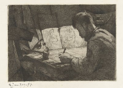 Selbstporträt am Zeichentisch von Gerard Jan Bos (signed by artist)