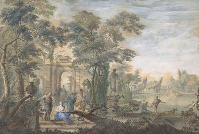 Arkadische Landschaft mit mehreren Figuren und einer Statue der Diana von Gerard Melder