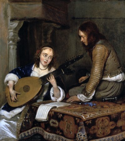 Eine Frau spielt die Theorbo-Laute und ein Kavalier, ca. 1658 von Gerard Terborch II