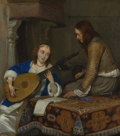 Eine Frau spielt die Theorbo-Laute und ein Kavalier von Gerard ter Borch