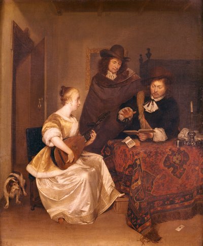 Eine junge Frau spielt Theorbo für zwei Männer, 1667-68 von Gerard ter Borch