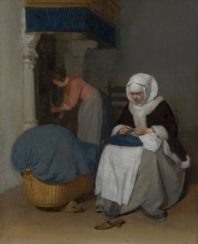 Frau näht neben einer Wiege, um 1656 von Gerard ter Borch