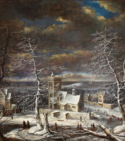 Ein Dorf im Winter in einer weiten Landschaft mit Figuren auf dem Eis von Gerard van Edema
