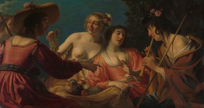 Hirte spielt die Flöte und vier Schäferinnen von Gerard van Honthorst