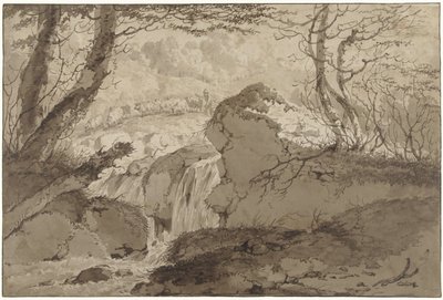Berglandschaft mit Wasserfall zwischen Bäumen, entlang dem ein Schäfer seine Herde führt von Gerard van Nijmegen