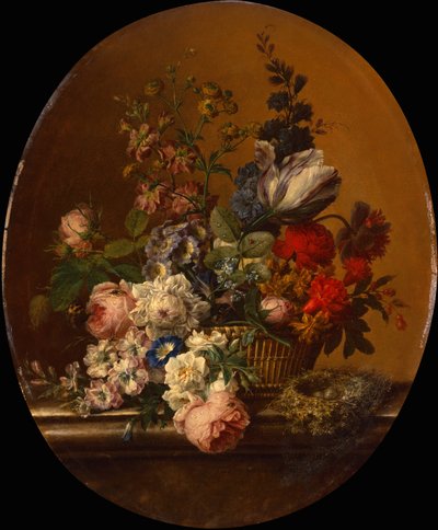 Stillleben mit Blumen in einem Korb und einem Nest eines Heckenbraunellen auf einem Steinabsatz von Gerard van Spaendonck