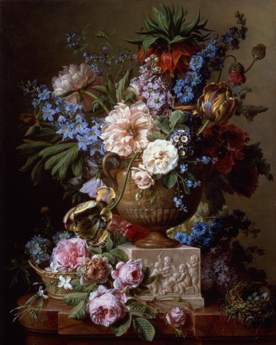 Stillleben mit Blumen in einer Steinvase auf einem Sockel von Gerard van Spaendonck