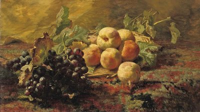 Blaue Trauben und Pfirsiche in einem Weidenkorb von Gerardina Jacoba van de Sande Bakhuyzen