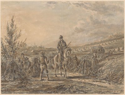 Landschaft mit Reiter zwischen erntenden Bauern von Gerardus Emaus de Micault
