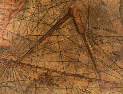 Terrestrischer Globus, Detail des Pazifischen Ozeans mit einem großen Paar Zirkel von Gerardus Mercator