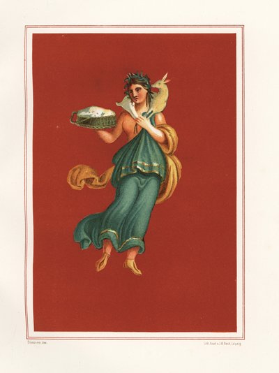 Allegorisches Wandgemälde des Frühlings von der Westseite des Atriums von Regio IX.V.11, Chromolithographie von J.G. Bach nach einer Illustration von Geremia Discanno aus Emile Presuhn 