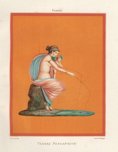 Wandmalerei von Venus und Amor beim Angeln mit Ruten aus einem Teich (Chromolithographie von Victor Steeger nach einer Illustration von Geremia Discanno aus Emile Presuhn 
