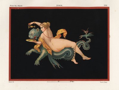 Nereide Meeresnymphe, unterstützt von einem Monster, halb Panther und halb Fisch. Museo Naz. XXII, Stabiae. Chromolithographie von Victor Steeger nach einer Illustration von Geremia Discanno aus Emile Presuhn (1844-1878) Die schönsten Gemälde von Pompeji,  von Geremia Discanno