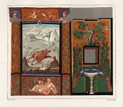 Wandgemälde in einem Viridarium (Garten) eines Tigers, der einen Stier angreift, und Pfauen auf einem Brunnen, aus dem Haus mit den beschrifteten Bildern, Regio V, Insula I, Nr. 18. Chromolithographie von Victor Steeger nach einer Illustration von Geremia  von Geremia Discanno