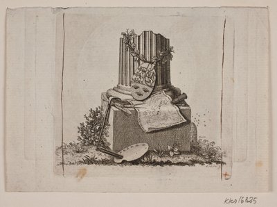 Vignette mit gebrochener Säule und den Wappen der drei nordischen Reiche von Gerhard Ludvig Lahde