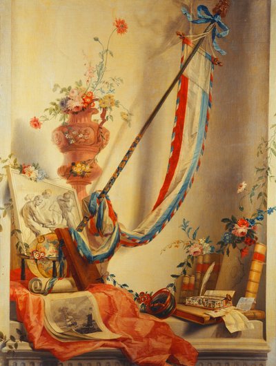 Ein Banner, Blumen in einer Urne, ein Relief, ein Globus, ein Druck, ein Kompass, ein Schreibset, Briefe und Blaeus Atlas in einer Nische von Gerke Jans de Jager