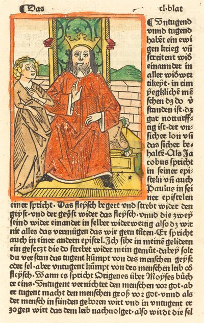 Gekrönter Mann auf einem Thron mit der Jungfrau links stehend von German 15th Century