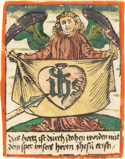 Heiliges Monogramm in einem Heiligen Herzen auf einem von einem Engel gehaltenen Tuch von German 15th Century