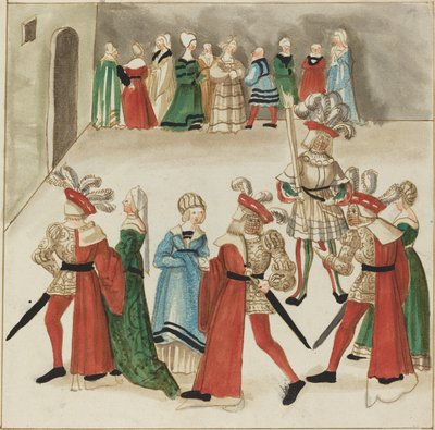 Drei Männer in roten Umhängen tanzen mit ihren Partnern von German 16th Century