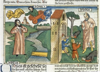 Elia fährt im Wirbelsturm in den Himmel und die Jungen, die Elischa verspotteten, werden von Bären gefressen, aus der Nürnberger Bibel (Biblia Sacra Germanaica) von German School