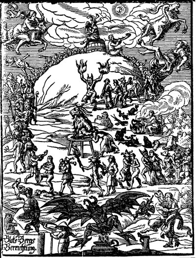 Eine Sabbatzeremonie, eine Ziege, die den Teufel darstellt, steht im Zentrum, umgeben von Hexen und Dämonen. Deutsche Gravur des 16. Jahrhunderts von German School