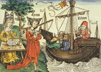 Eine Zauberin, wahrscheinlich Circe mit dem Giftbecher und Odysseus mit seinen Gefährten, aus der Nürnberger Chronik von Hartmann Schedel, 1493 von German School