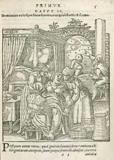 Eine Frau in den Wehen, Illustration aus Kapitel 2, Buch 1 von Über die Empfängnis und das Wachstum des Menschen von Rueff, 1587 von German School