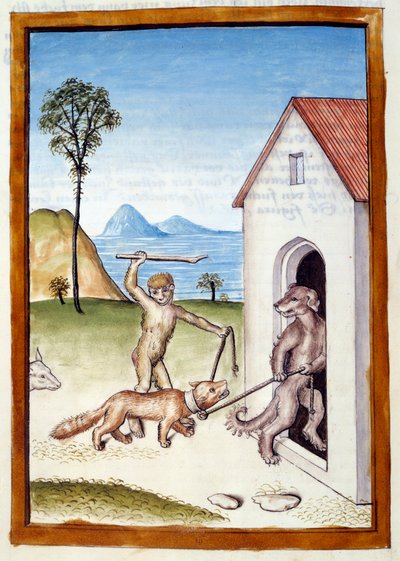 Ein Hund und ein Affe tyrannisieren ein Wiesel. Tiere in männlicher Haltung dargestellt von German School
