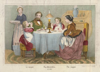 Eine Familie bei ihrem Abendessen, illustriertes Flugblatt, veröffentlicht von Haider & Cronberger, Stuttgart, 1860 von German School