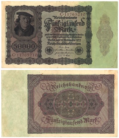 Eine Fünfzigtausend-Mark-Banknote, 1922 (Vorder- und Rückseite) von German School