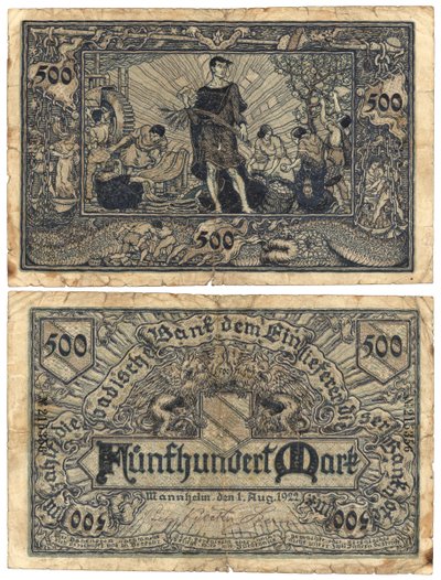 Eine Fünfhundert-Mark-Banknote, 1922 (Vorder- und Rückseite) von German School