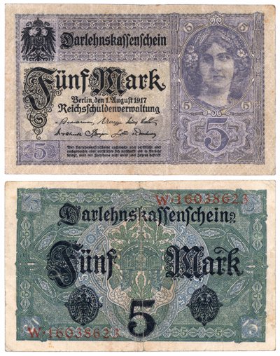 Eine Fünf-Mark-Banknote, 1917 (Vorder- und Rückseite) von German School