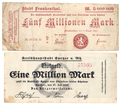 Eine Fünf-Millionen- und Eine-Million-Mark-Banknoten, 1923 von German School