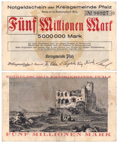 Eine Fünf-Millionen-Mark-Banknote, ca. 1923 (Vorder- und Rückseite) von German School