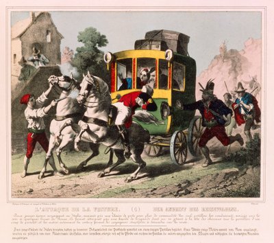 Ein Flitterwochenpaar wird in Italien von Straßenräubern angegriffen, illustriertes Flugblatt veröffentlicht von Gangel & P. Didion, Metz, ca. 1850 von German School