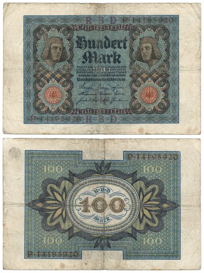 Eine Hundert-Mark-Banknote, 1920 (Vorder- und Rückseite) von German School