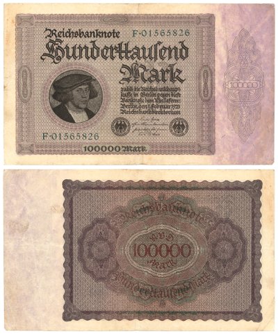 Eine Hunderttausend-Mark-Banknote, 1923 (Vorder- und Rückseite) von German School