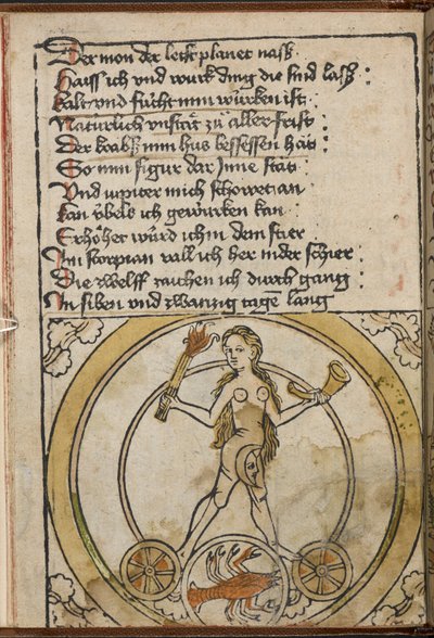 Eine nackte weibliche Figur, die eine brennende Fackel hält. Ein Skorpion, der den Skorpion darstellt. von German School